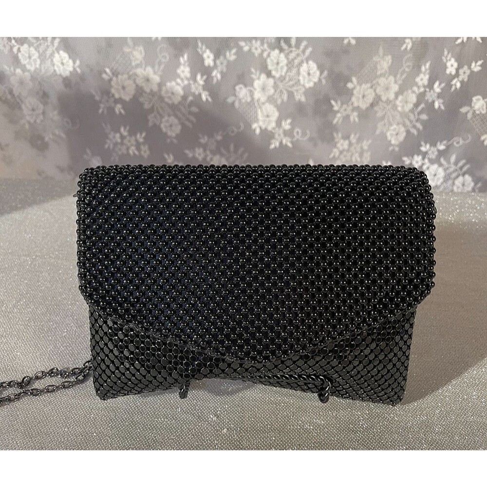Vintage 80s 90s Gunne Sax Black Metal Mesh Beaded Evening Bag Purse Chain Strap